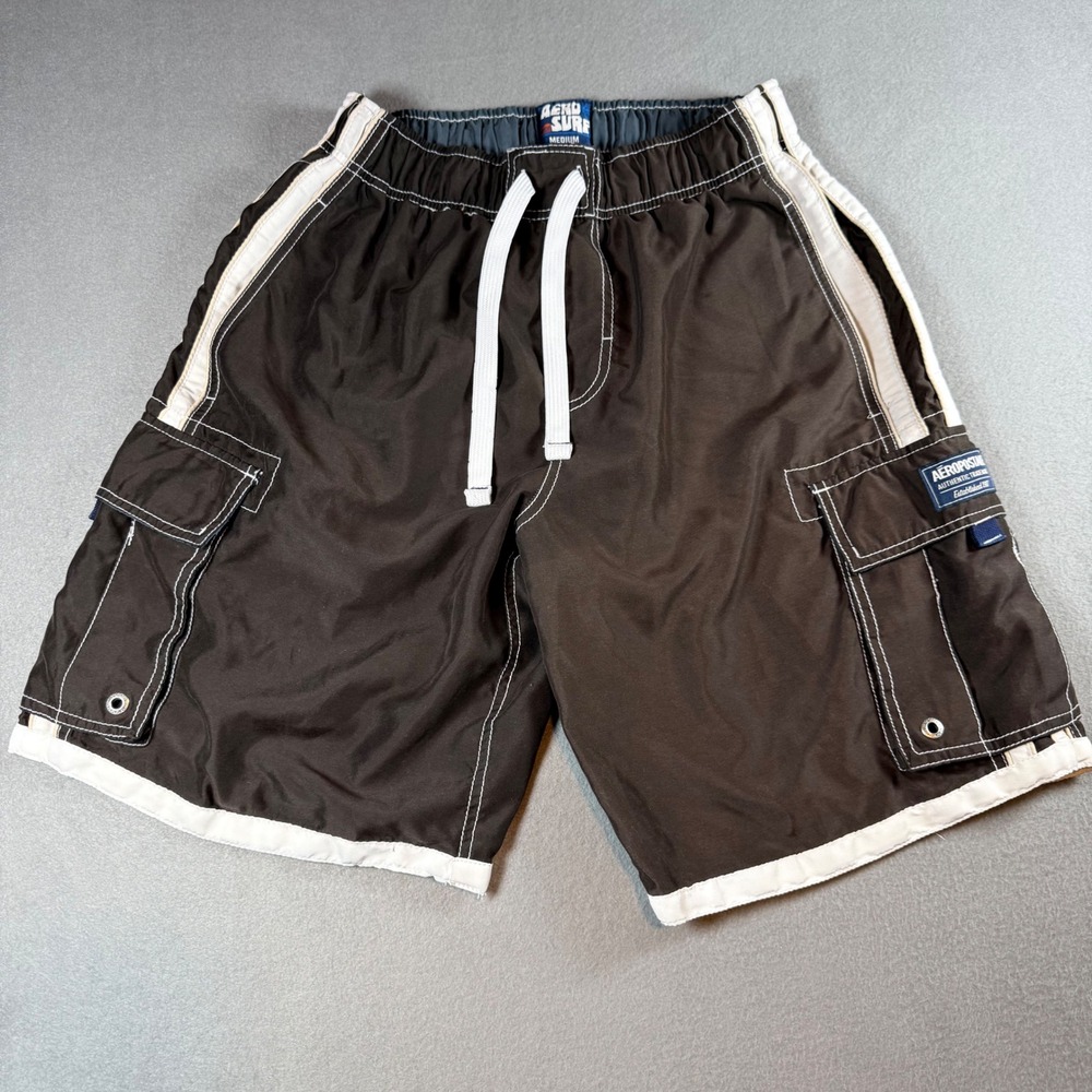 Aeropostale Mens M Board Shorts Cargo Swim Trunks Brown White Polyester